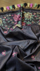 Black Tussar Silk Embroidery Work Saree