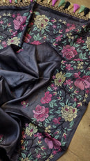 Black Tussar Silk Embroidery Work Saree