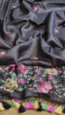 Black Tussar Silk Embroidery Work Saree