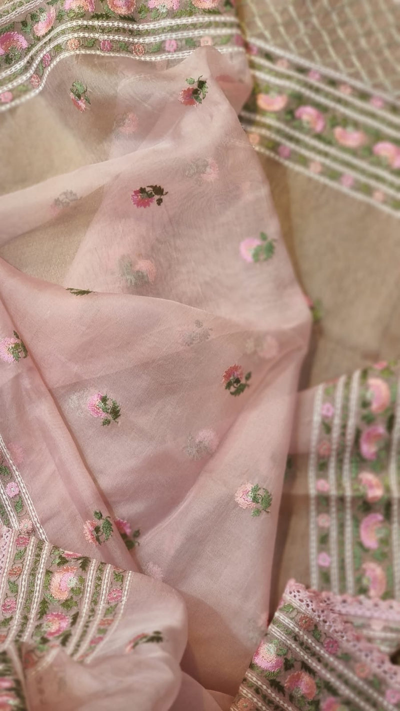 Pink Organza Saree with Floral Embroidery Butta &  Border