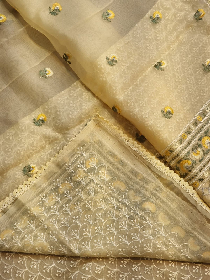 Yellow Organza Saree with Floral Embroidery Butta &  Border