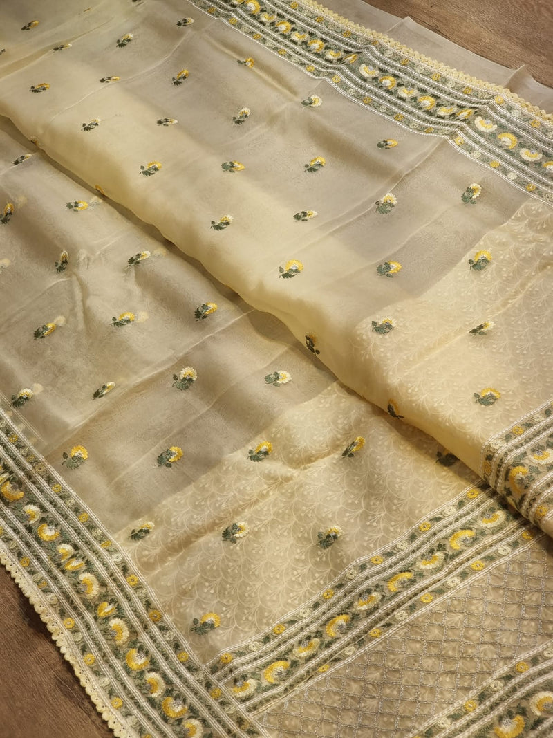 Yellow Organza Saree with Floral Embroidery Butta &  Border