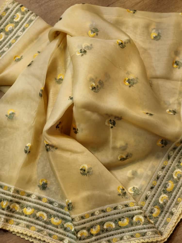 Yellow Organza Saree with Floral Embroidery Butta &  Border