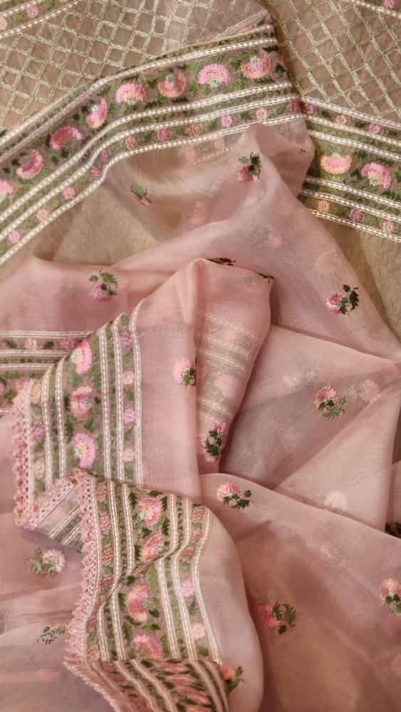 Pink Organza Saree with Floral Embroidery Butta &  Border