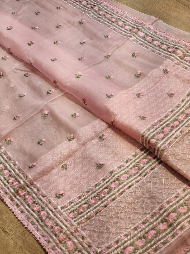 Pink Organza Saree with Floral Embroidery Butta &  Border