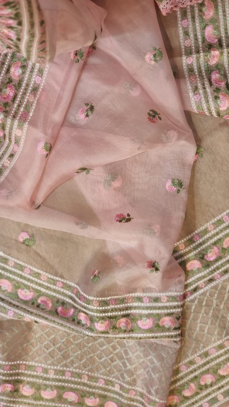 Pink Organza Saree with Floral Embroidery Butta &  Border