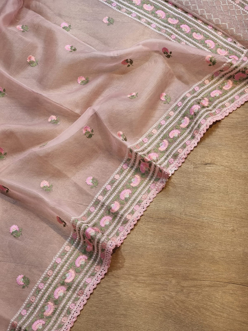 Pink Organza Saree with Floral Embroidery Butta &  Border