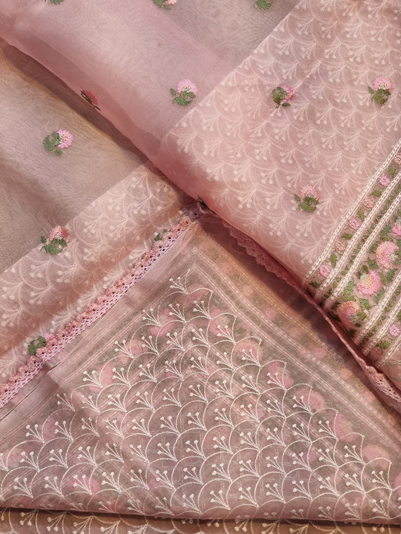 Pink Organza Saree with Floral Embroidery Butta &  Border