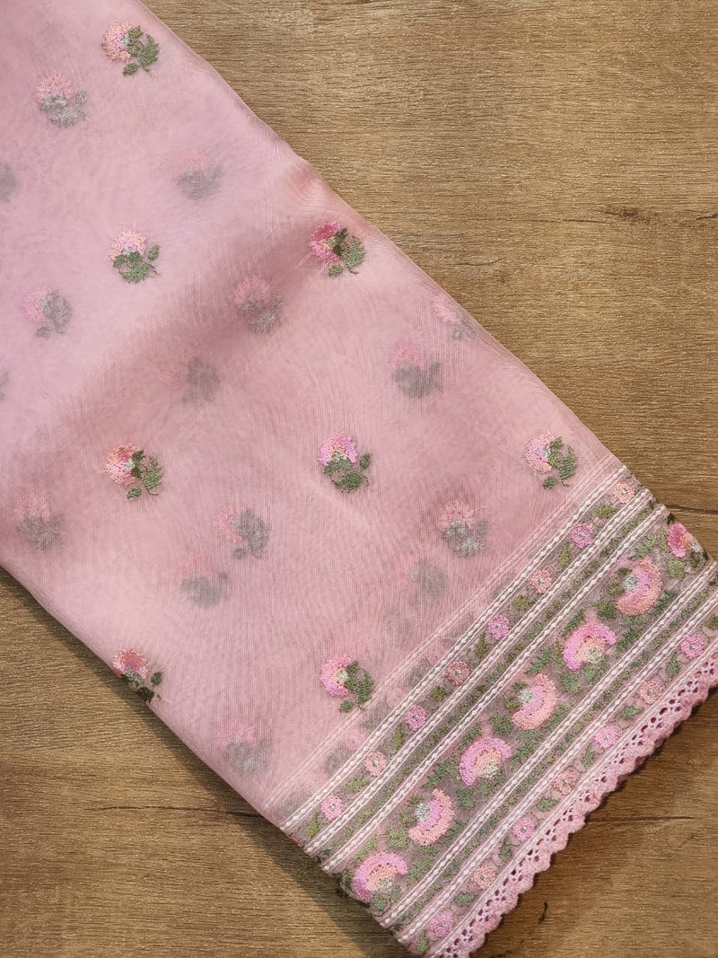 Pink Organza Saree with Floral Embroidery Butta &  Border