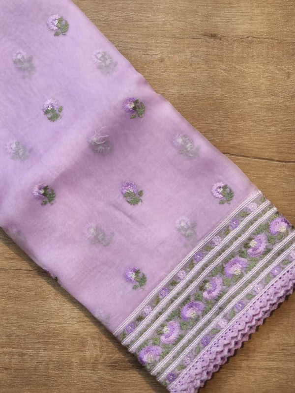 Lavender Organza Saree with Floral Embroidery Butta &  Border
