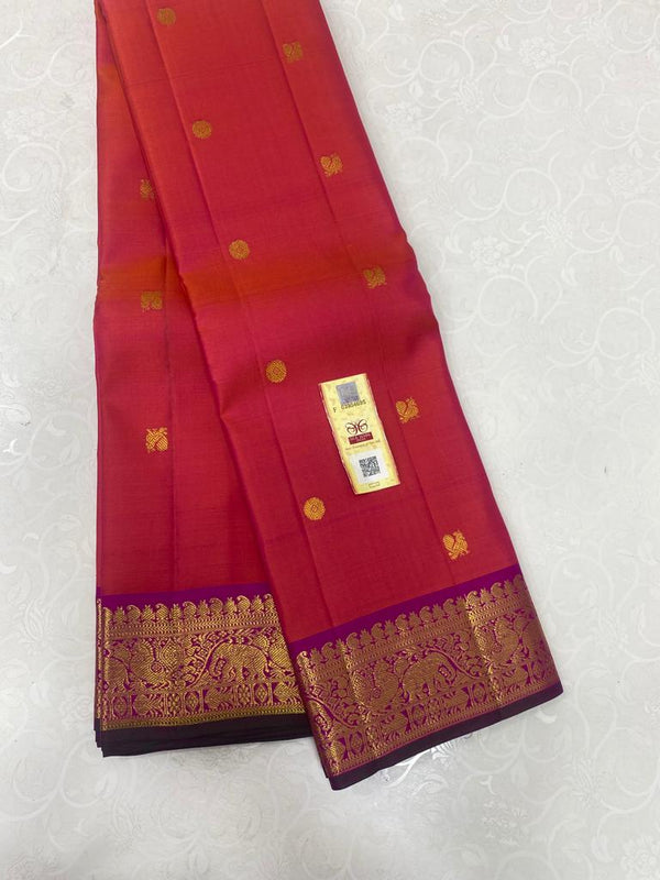 Orange Pink Dual Shade Handloom Kanchipuram Silk Saree