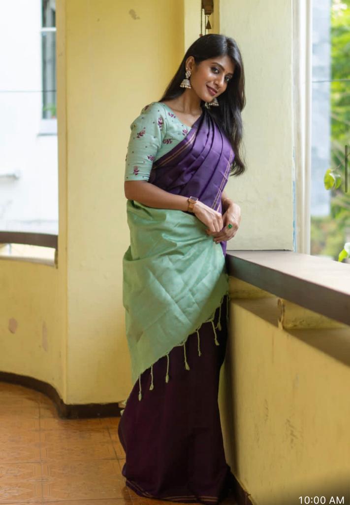 Purple Plain Soft Silk Saree with Contrast Designer Pallu & Blouse