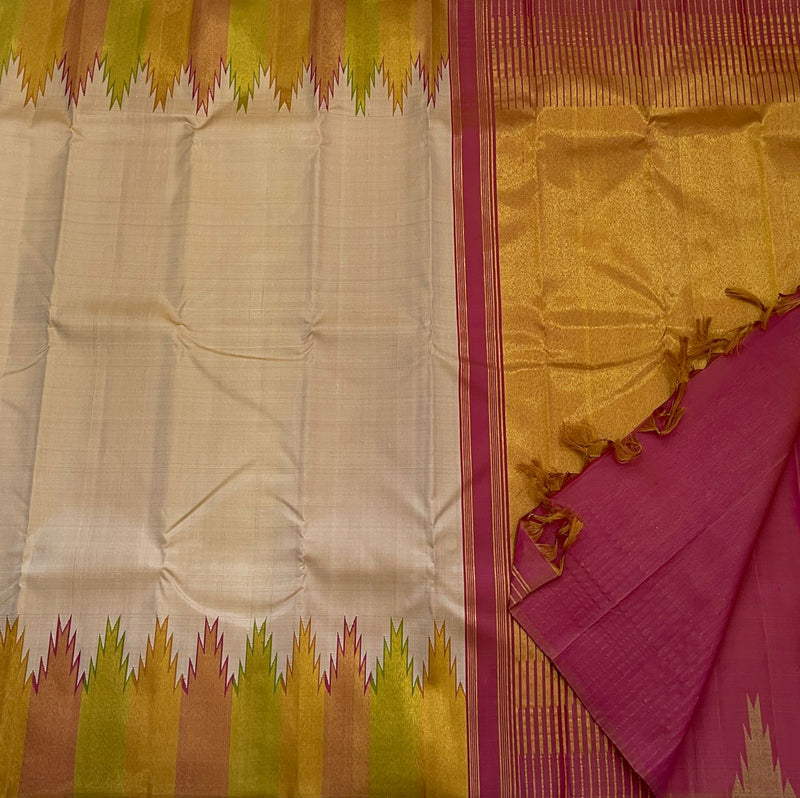 Half White Beige 8 Kol Korvai Temple Border Pure Kanchipuram Silk Saree