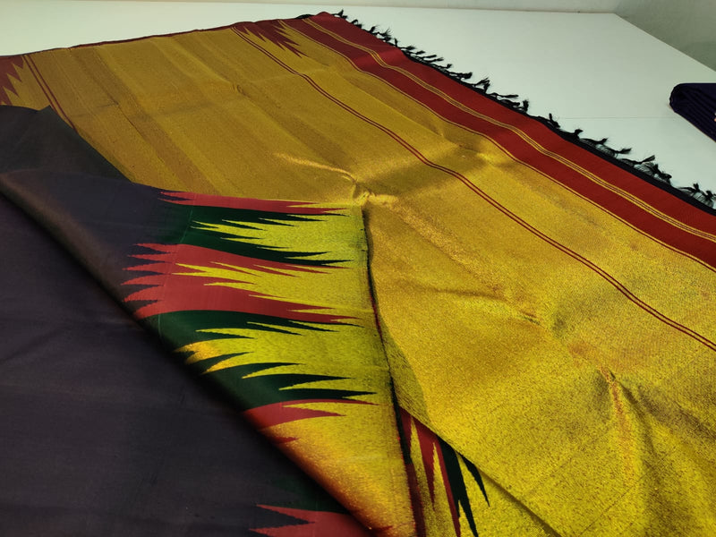 Black Traditional Korvai Multicolor Temple Border Handloom Kanchipuram Silk Saree