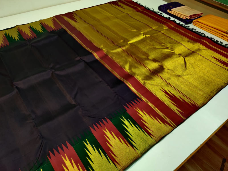 Black Traditional Korvai Multicolor Temple Border Handloom Kanchipuram Silk Saree