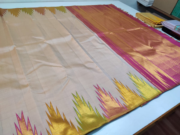 Half White Korvai Temple Border Pure Kanchipuram Silk Saree