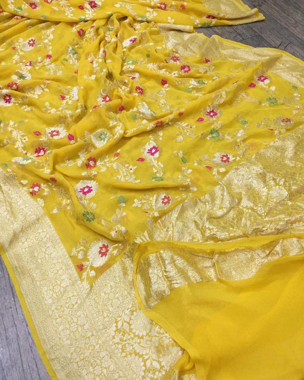 Yellow Pure Banarasi Khaddi Georgette Meenakari Alfi Resham with Zari Jangla Saree