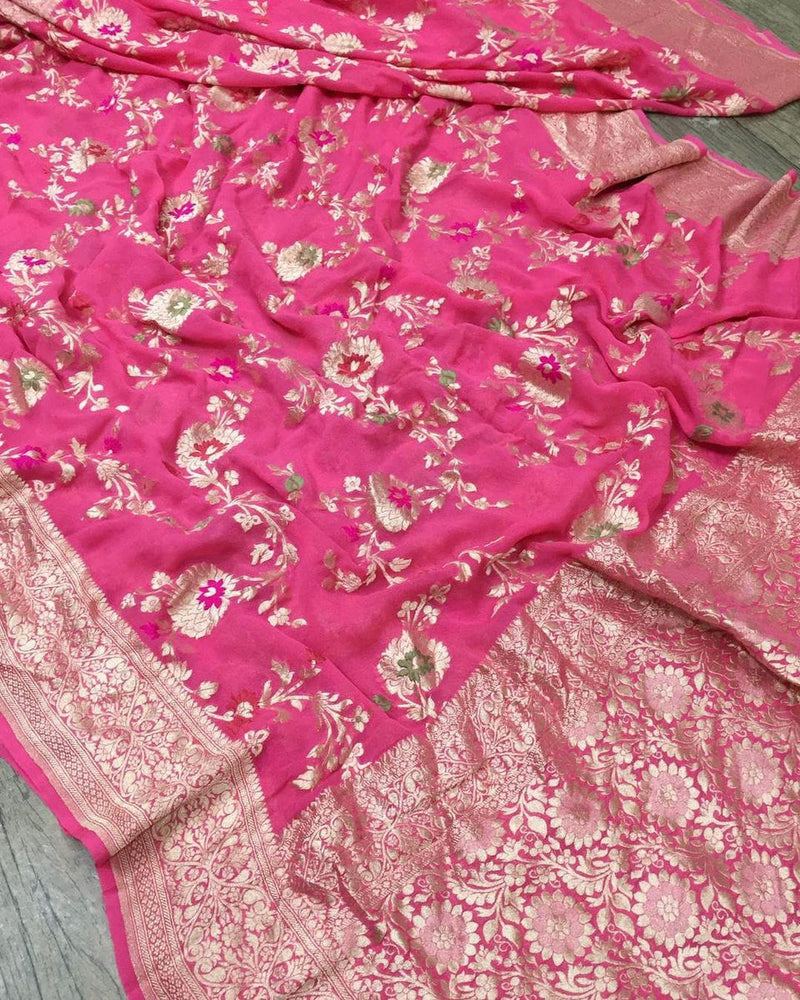 Pink Pure Banarasi Khaddi Georgette Meenakari Alfi Resham with Zari Jangla Saree