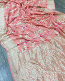 Peach Pink Pure Banarasi Khaddi Georgette Meenakari Alfi Resham with Zari Jangla Saree