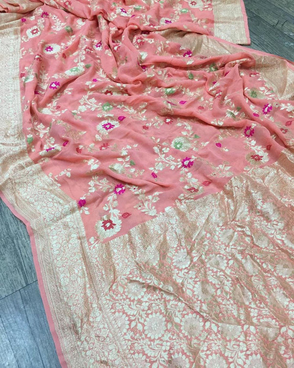 Peach Pink Pure Banarasi Khaddi Georgette Meenakari Alfi Resham with Zari Jangla Saree