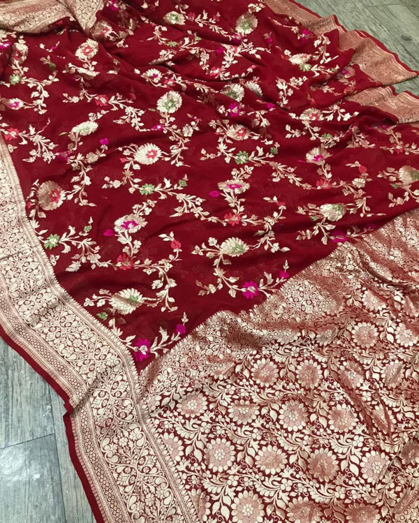 Maroon Pure Banarasi Khaddi Georgette Meenakari Alfi Resham with Zari Jangla Saree