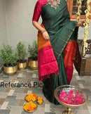Bottle Green Plain Handloom Kanchipuram Silk Saree with Dual Colour Pallu
