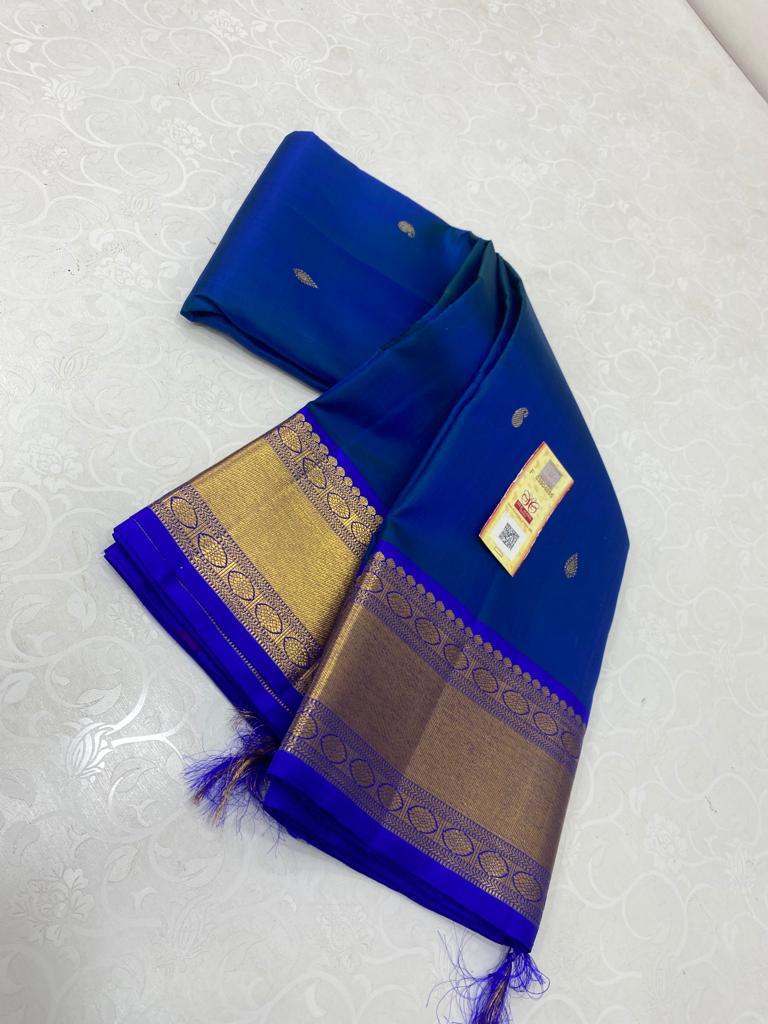 Dual Shade Peacock Blue Pure Kanchipuram Handloom Silk Saree