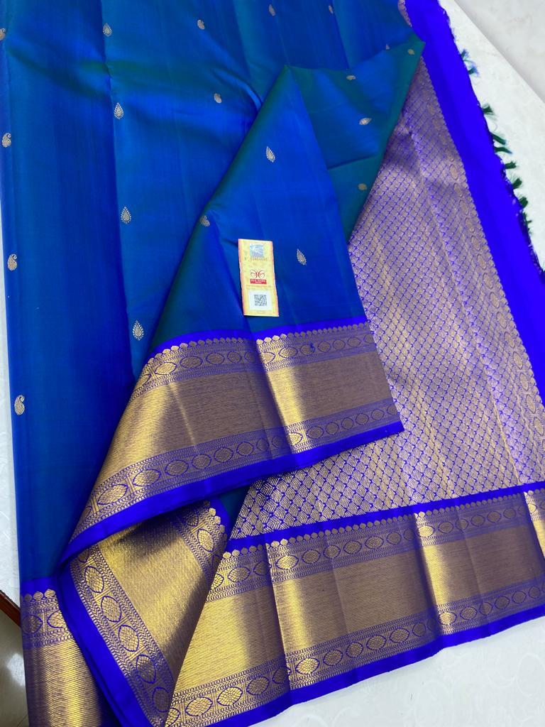 Dual Shade Peacock Blue Pure Kanchipuram Handloom Silk Saree