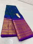 Peacock Blue Korvai Temple Border Kanchipuram Silk Saree