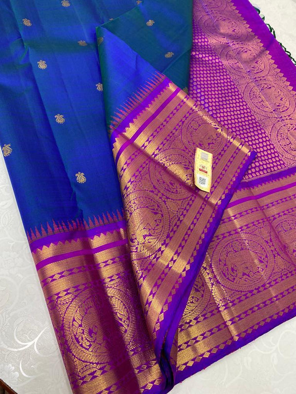 Peacock Blue Korvai Temple Border Kanchipuram Silk Saree