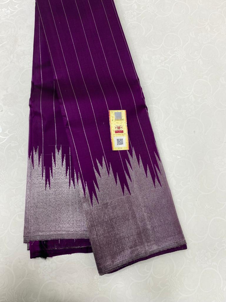 Purple Silver Zari Temple Border Handloom Kanchipuram Silk Saree