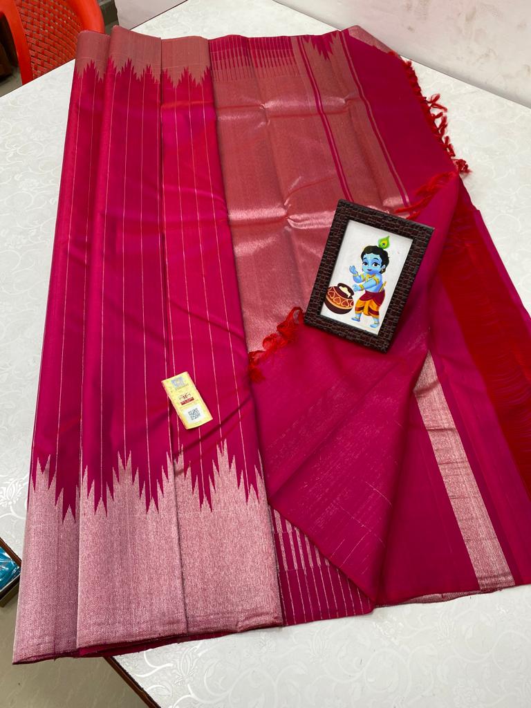 Pink Silver Zari Temple Border Handloom Kanchipuram Silk Saree