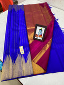 Royal Blue Temple Border Kanchipuram Handloom Silk Saree woth Contrast Pallu & Blouse