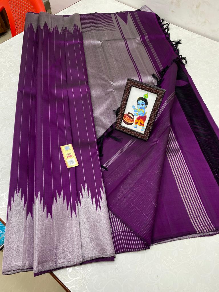 Purple Silver Zari Temple Border Handloom Kanchipuram Silk Saree