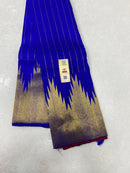 Royal Blue Temple Border Kanchipuram Handloom Silk Saree woth Contrast Pallu & Blouse