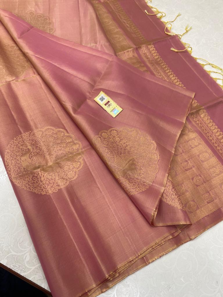 Borderless Pastel Dual Shade Pink Soft Silk Saree with Unique Peacock Butta