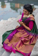 Green Kanchipuram Silk Saree with Zari Checks & Border Butta