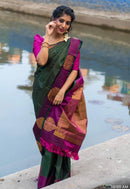 Green Kanchipuram Silk Saree with Zari Checks & Border Butta