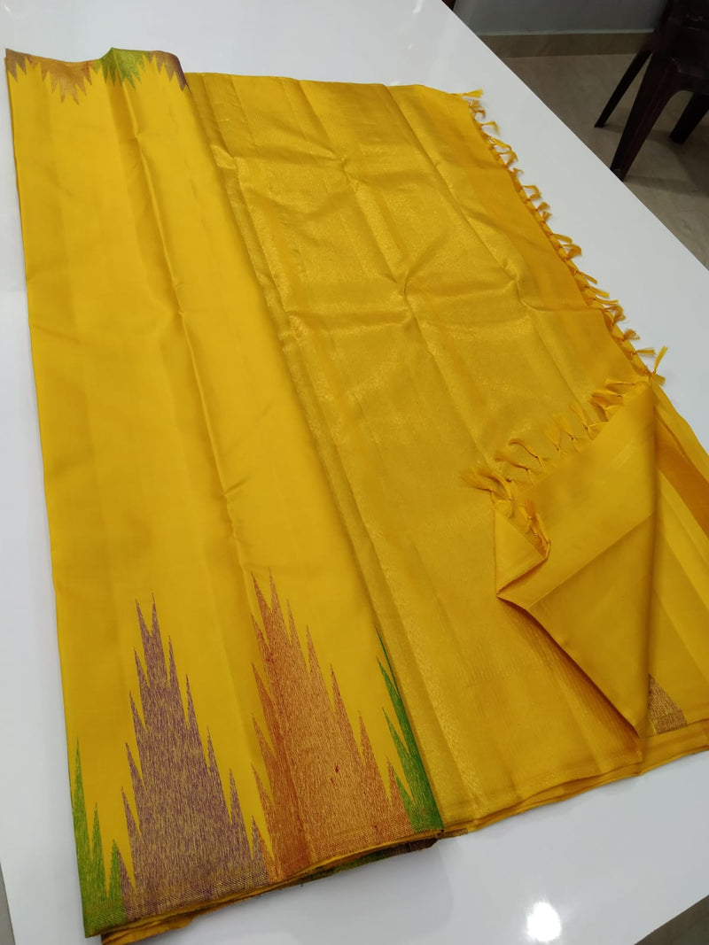 Yellow Mustard Temple Border Kanchipuram Silk Saree