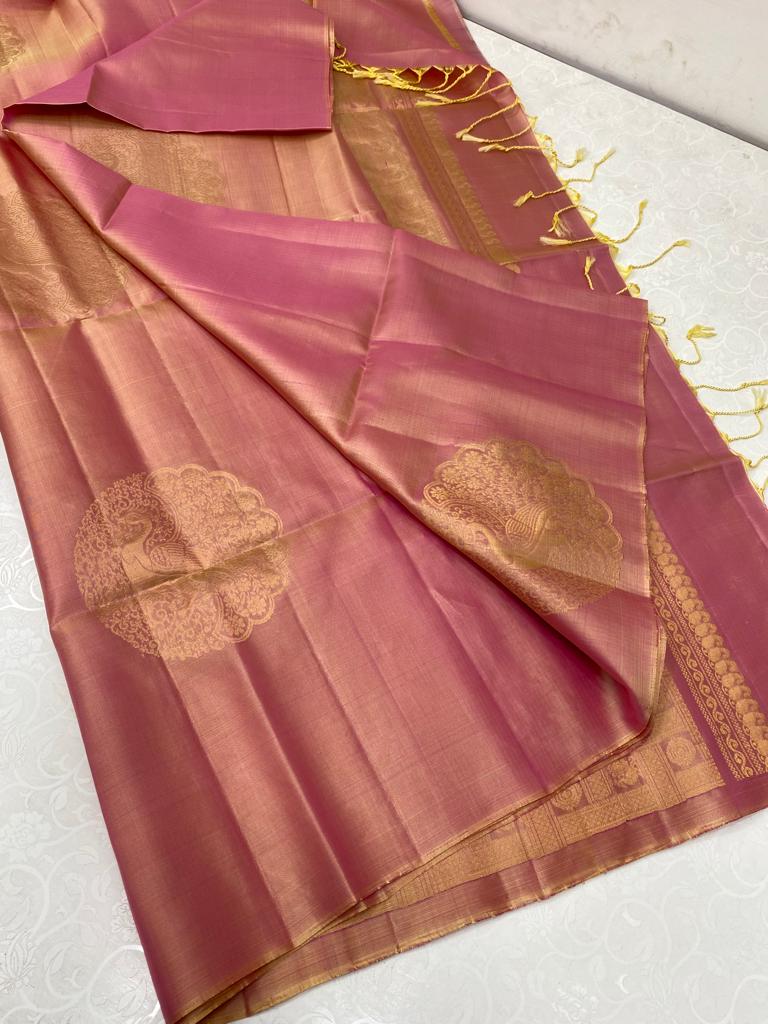 Borderless Pastel Dual Shade Pink Soft Silk Saree with Unique Peacock Butta