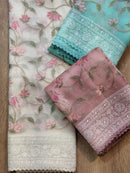 Organza Embroidery Katha Chikankari Work Sarees & Border with Velvet Lace