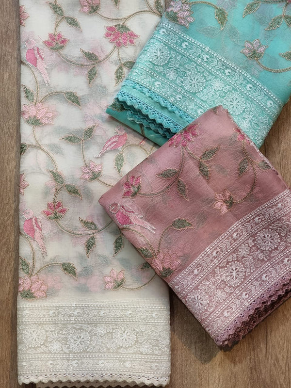 Organza Embroidery Katha Chikankari Work Sarees & Border with Velvet Lace