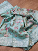 Organza Embroidery Katha Chikankari Work Sarees & Border with Velvet Lace