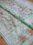 Organza Embroidery Katha Chikankari Work Sarees & Border with Velvet Lace