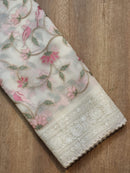 Organza Embroidery Katha Chikankari Work Sarees & Border with Velvet Lace