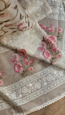 Half White Organza Embroidery Katha Chikankari Work Saree & Border with Velvet Lace