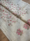 Organza Embroidery Katha Chikankari Work Sarees & Border with Velvet Lace