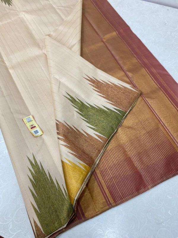 Half White Temple Border Kanchipuram Zari Lines Silk Saree
