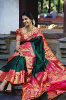 Exclusive Sita Rama Swayamvara Bottle Green Pink Combination Pure Korvai Kanchipuram Silk Saree