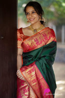 Exclusive Sita Rama Swayamvara Bottle Green Pink Combination Pure Korvai Kanchipuram Silk Saree